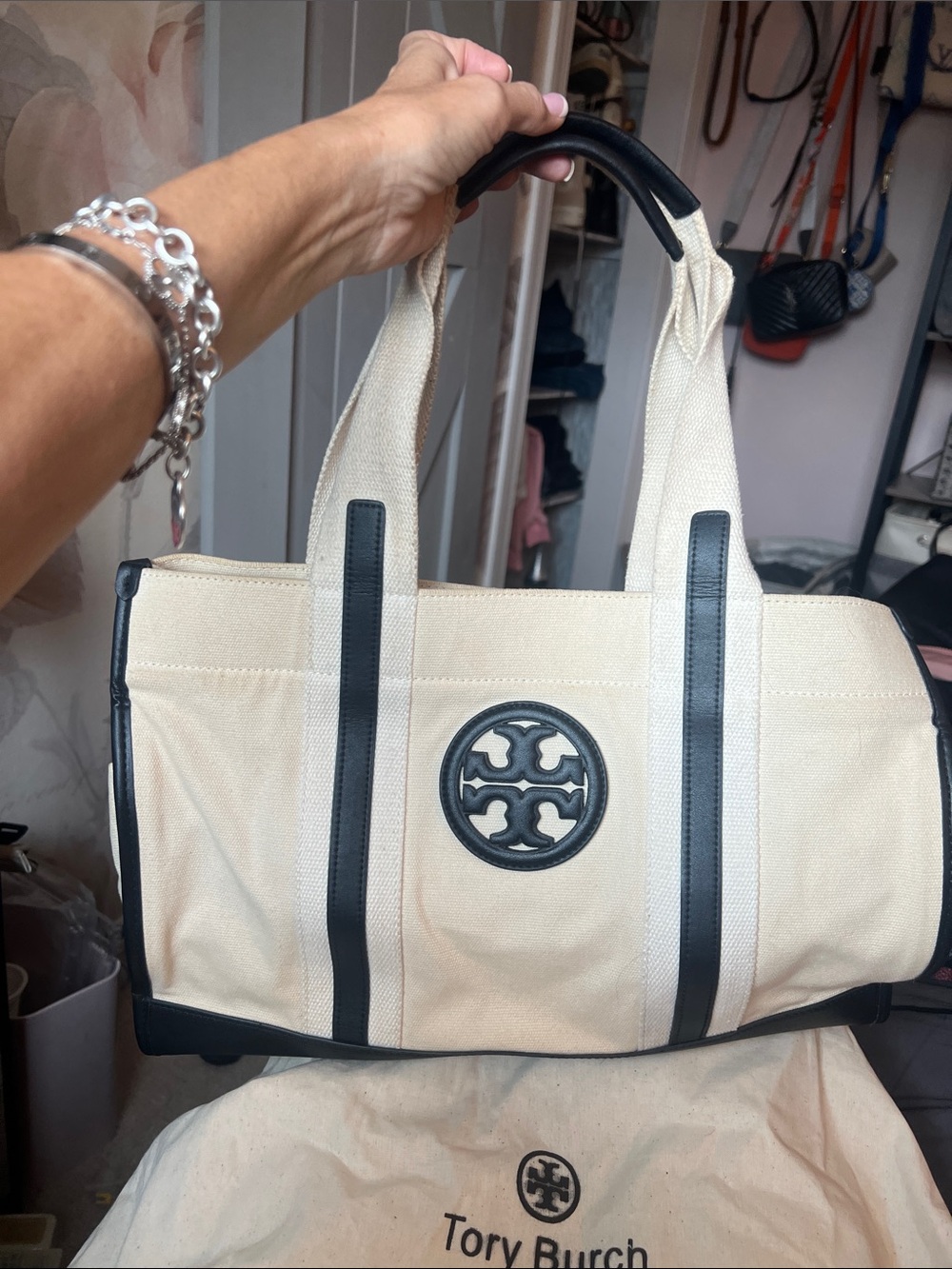 Tory Burch Cream Canvas Tote with Black (can easily read navy) Trim and Logo